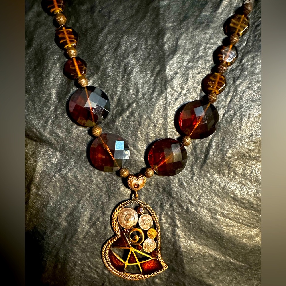 Heart Necklace - Handmade Red amber Crystal and Copper Double Heart Pendant